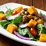 **Prompt 1 (Focus on the Salad's Visual Appeal):**
    "A vibrant, appetizing close-up of an autumn pumpkin salad, showcasing beautifully roasted golden-orange pumpkin cubes, crisp green lettuce (romaine or arugula), bright red cherry tomatoes, and thinly sliced purple onions. Garnish with a sprinkle of toasted walnuts and green pumpkin seeds, with a light, golden honey-lime dressing subtly drizzled over. The lighting is natural and bright, emphasizing freshness and inviting textures on a simple white plate."
