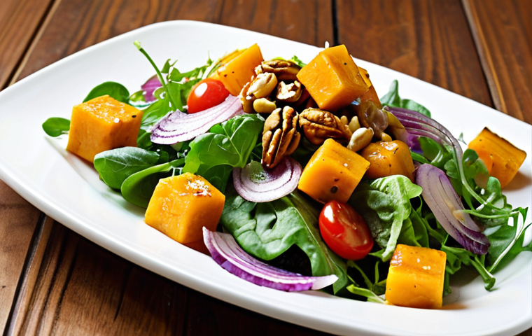 **Prompt 1 (Focus on the Salad's Visual Appeal):**
"A vibrant, appetizing close-up of an autumn pumpkin salad, showcasing beautifully roasted golden-orange pumpkin cubes, crisp green lettuce (romaine or arugula), bright red cherry tomatoes, and thinly sliced purple onions. Garnish with a sprinkle of toasted walnuts and green pumpkin seeds, with a light, golden honey-lime dressing subtly drizzled over. The lighting is natural and bright, emphasizing freshness and inviting textures on a simple white plate."