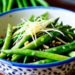 **

A vibrant salad featuring fresh spring vegetables in Vietnam. Foreground shows bright green rau mam (sprouts), snow peas, and young asparagus, all artfully arranged in a ceramic bowl. Background includes a blurred view of a Vietnamese garden with blossoming flowers. safe for work, appropriate content, fully clothed (implied as food photography), professional food photography, perfect composition, high resolution, modest.

**