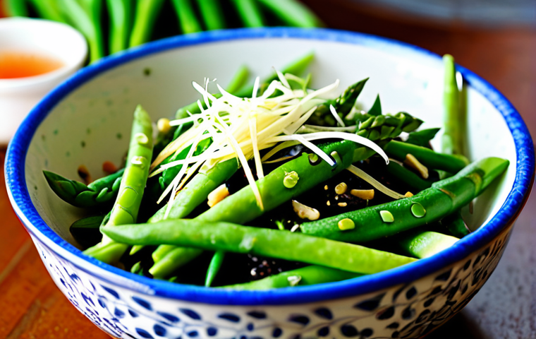 **
A vibrant salad featuring fresh spring vegetables in Vietnam. Foreground shows bright green rau mam (sprouts), snow peas, and young asparagus, all artfully arranged in a ceramic bowl. Background includes a blurred view of a Vietnamese garden with blossoming flowers. safe for work, appropriate content, fully clothed (implied as food photography), professional food photography, perfect composition, high resolution, modest.
**